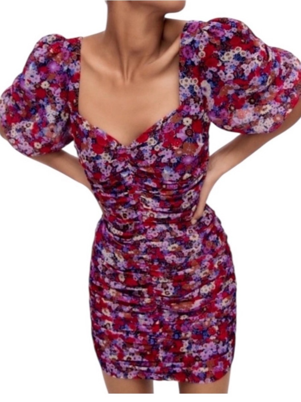 ZARA NWOT Floral Ruched Puff Sleeve Mini Dress Size Small